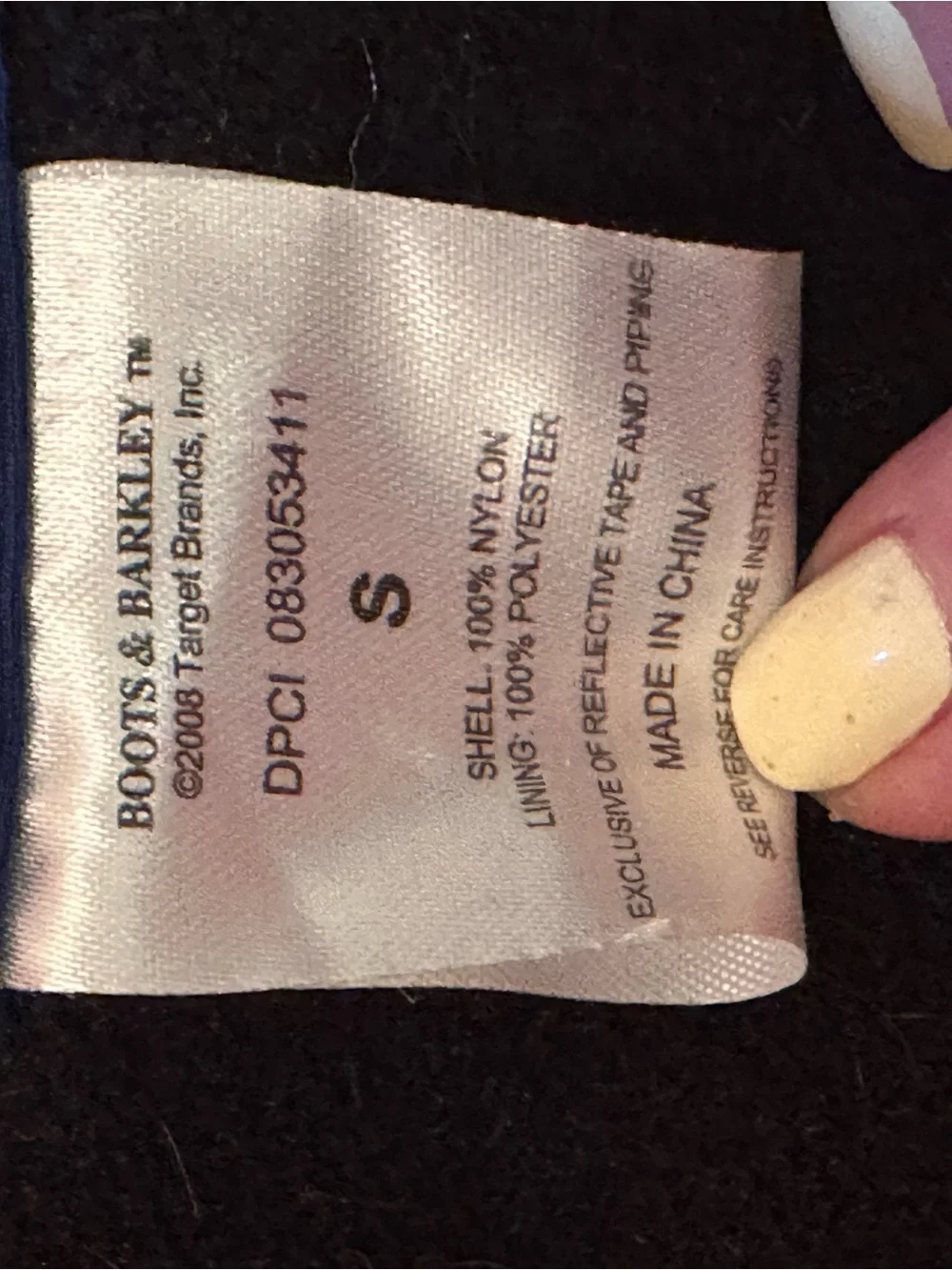 Boots & Barkley Black Pet Coat Label Shown